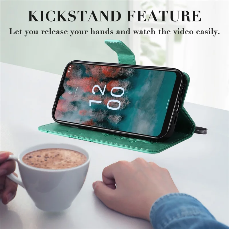 For Nokia C12 4G / C12 Plus / C12 Pro Wallet Case Floral Butterfly Imprinted Leather Phone Cover Stand - Green