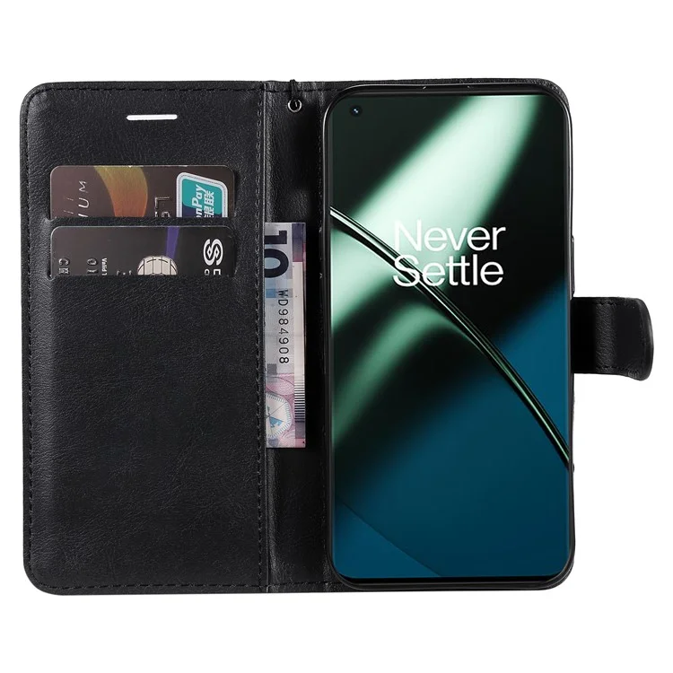 KT Leather Series-2 Para OnePlus 11 5G Flip Stand Phone Cover Capa de Carteira de Couro PU de Cor Sólida - Preto