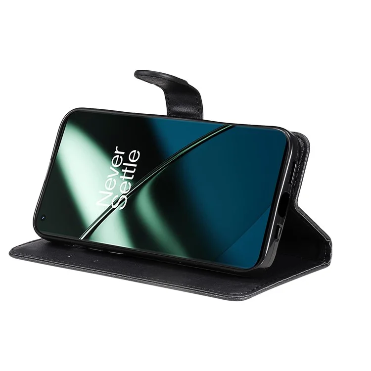 KT Leather Series-2 Para OnePlus 11 5G Flip Stand Phone Cover Capa de Carteira de Couro PU de Cor Sólida - Preto