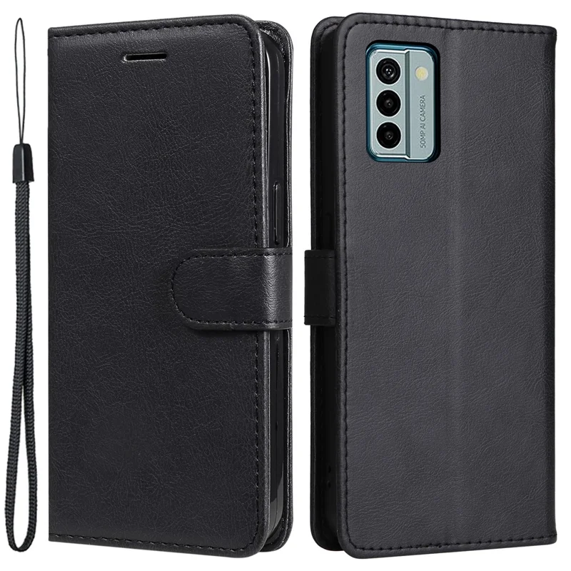For Nokia G22 Case Solid Color Leather Mobile Cover Wallet Stand with Strap - Black