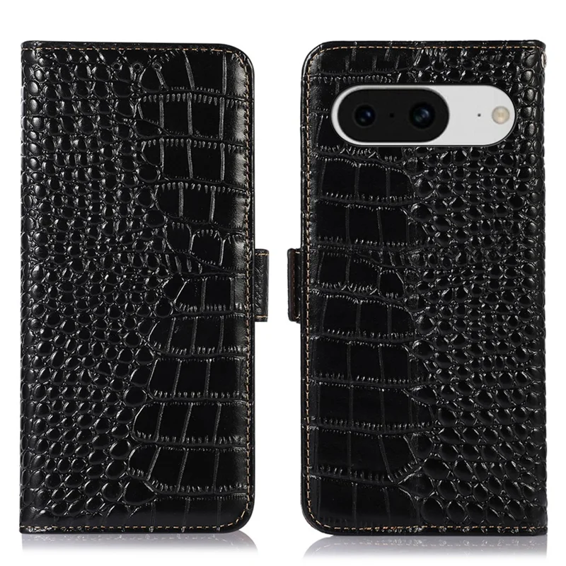 Flip Case for Google Pixel 8 Genuine Cowhide Leather Crocodile Texture RFID Blocking Wallet Stand Phone Cover - Black
