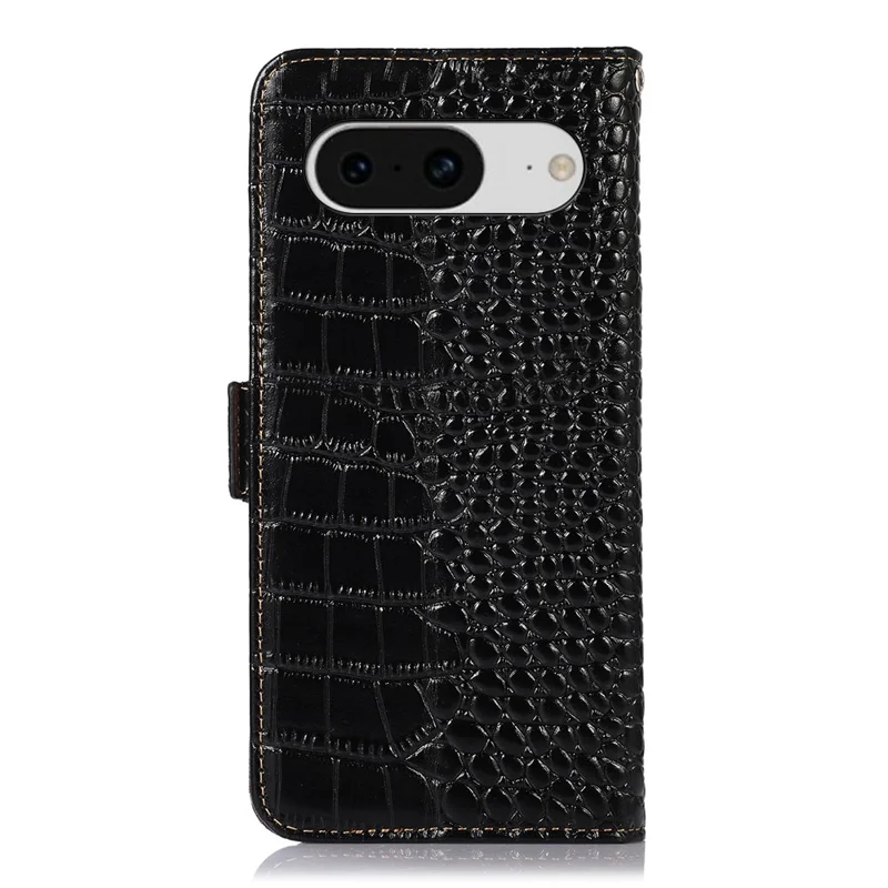 Flip Case for Google Pixel 8 Genuine Cowhide Leather Crocodile Texture RFID Blocking Wallet Stand Phone Cover - Black