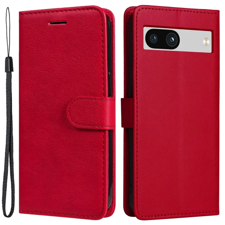 For Google Pixel 7a Case Solid Color Leather Mobile Cover Wallet Stand with Strap - Red