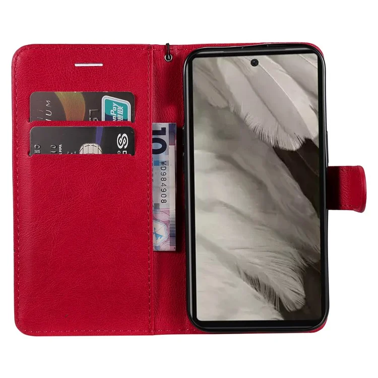 For Google Pixel 7a Case Solid Color Leather Mobile Cover Wallet Stand with Strap - Red