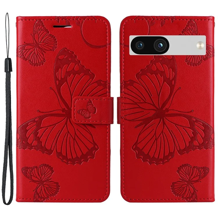 For Google Pixel 7a Wallet Case Floral Butterfly Imprinted Leather Phone Cover Stand - Red