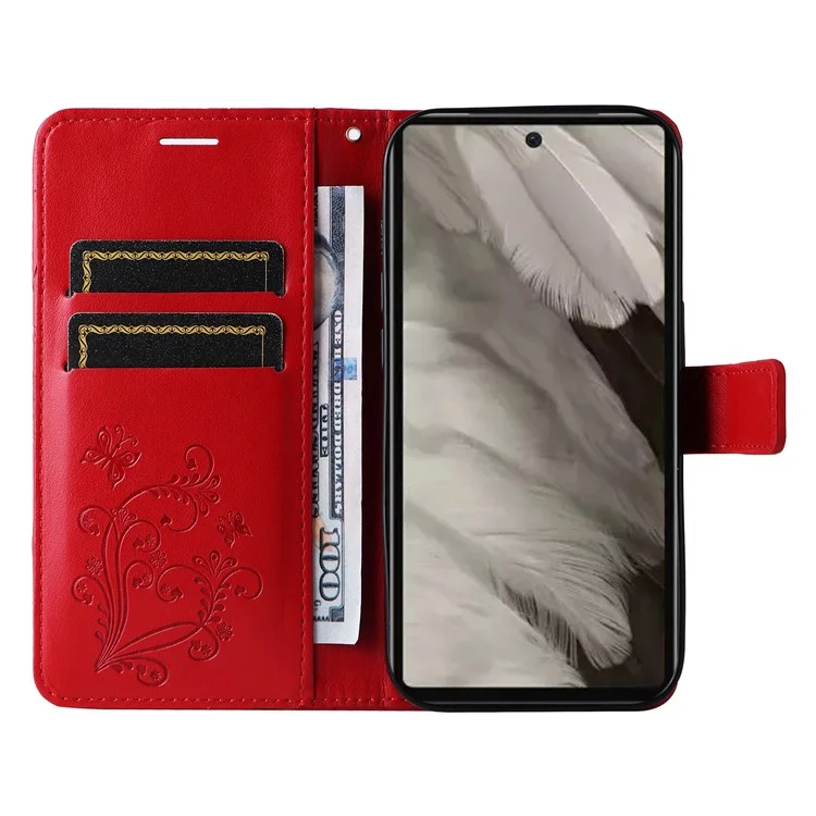 For Google Pixel 7a Wallet Case Floral Butterfly Imprinted Leather Phone Cover Stand - Red