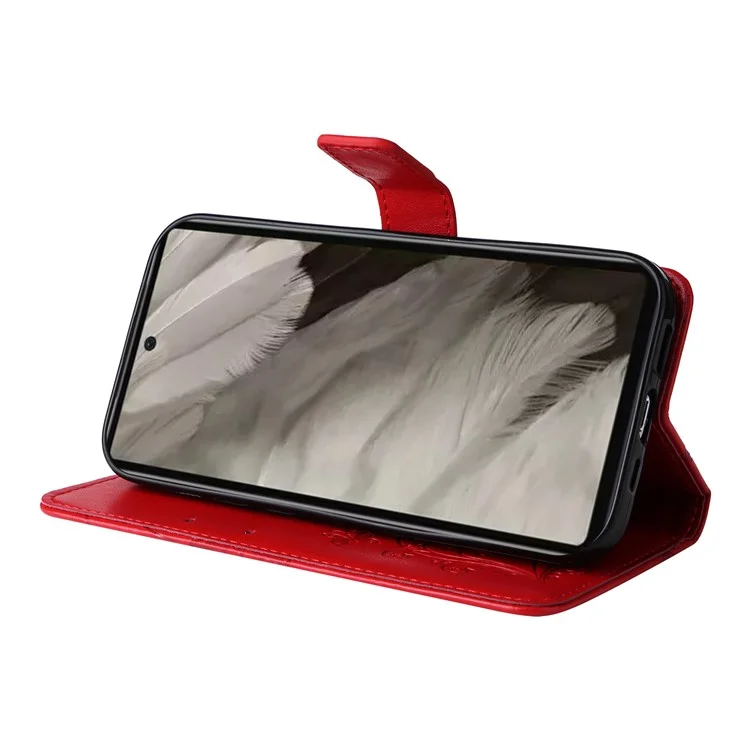 For Google Pixel 7a Wallet Case Floral Butterfly Imprinted Leather Phone Cover Stand - Red