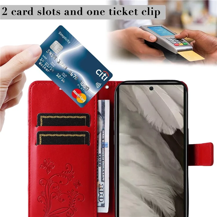 For Google Pixel 7a Wallet Case Floral Butterfly Imprinted Leather Phone Cover Stand - Red