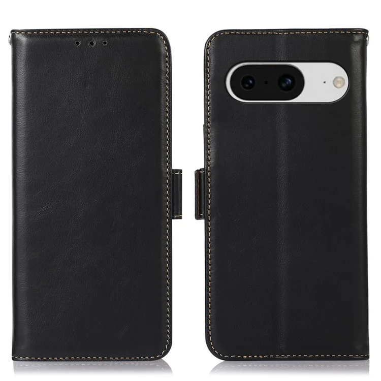 Para Google Pixel 8 RFID Blocking Phone Case Genuine Cowhide Leather Cover with Stand Wallet - Negro