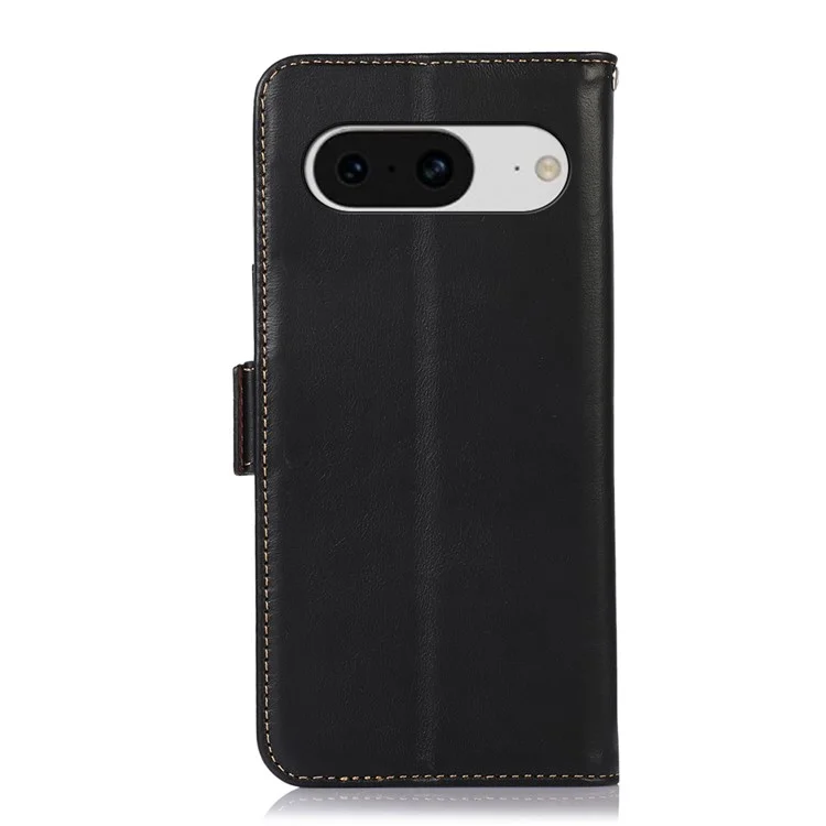 Para Google Pixel 8 RFID Blocking Phone Case Genuine Cowhide Leather Cover with Stand Wallet - Negro