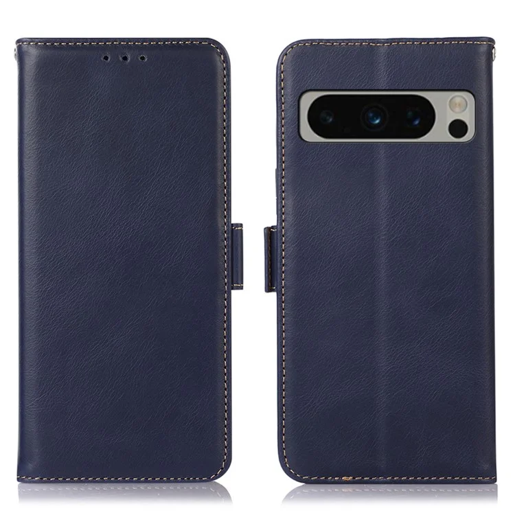 Para Google Pixel 8 Pro RFID Blocking Genuine Cowhide Leather Case Wallet Stand Phone Cover - Blue