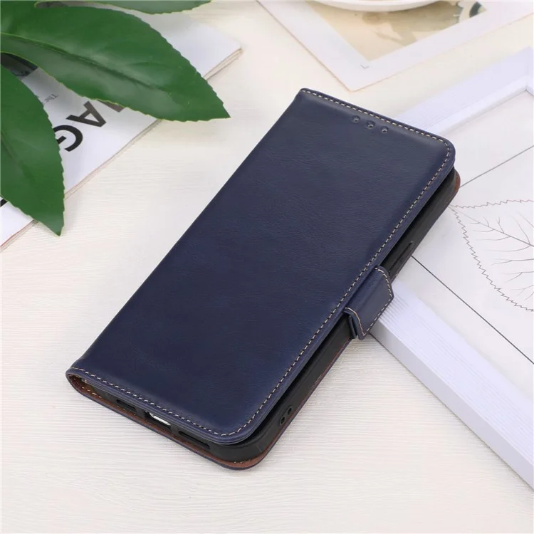 Para Google Pixel 8 Pro RFID Blocking Genuine Cowhide Leather Case Wallet Stand Phone Cover - Blue