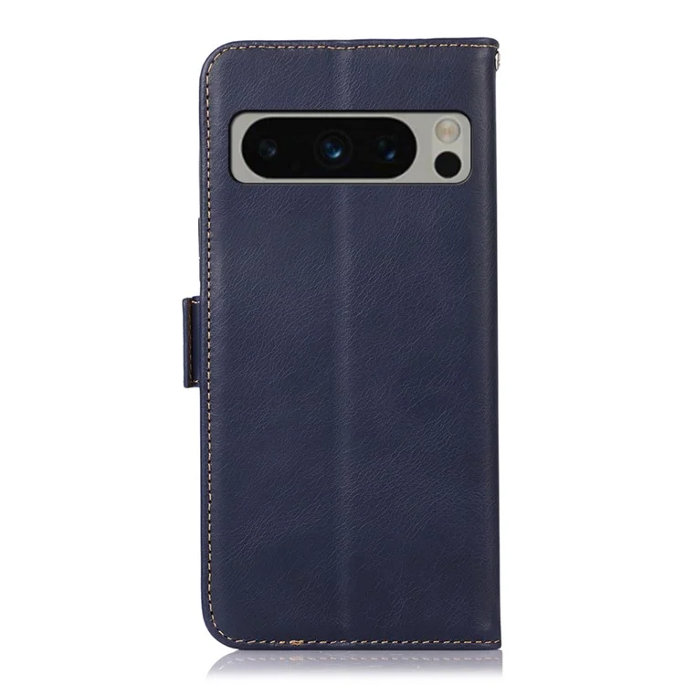 Para Google Pixel 8 Pro RFID Blocking Genuine Cowhide Leather Case Wallet Stand Phone Cover - Blue