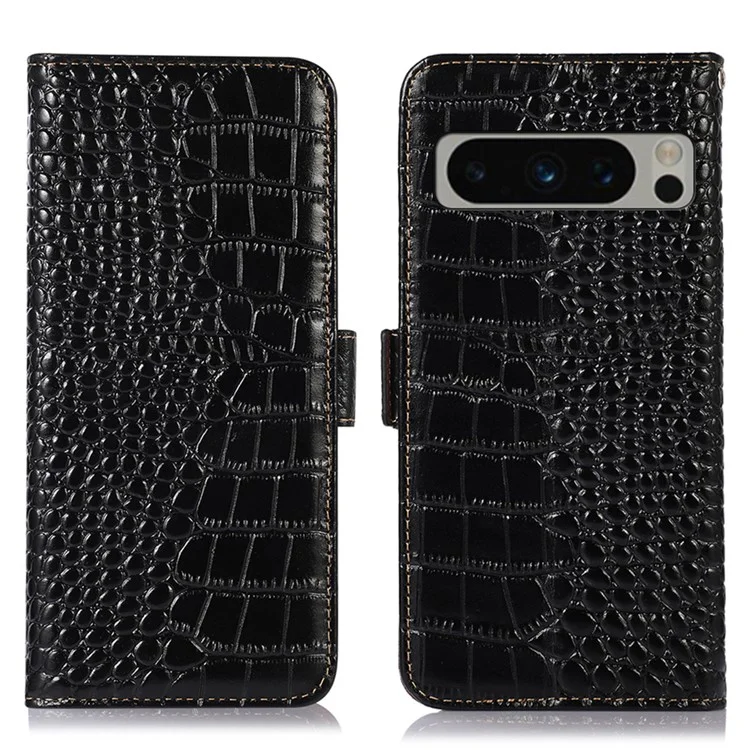 Pour Google Pixel 8 Pro RFID Blocking Genuine Cowhide Leather Crocodile Texture Case Wallet Stand Phone Cover - Noir