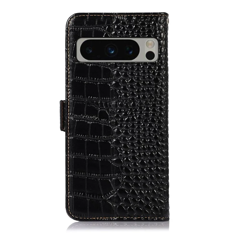 Pour Google Pixel 8 Pro RFID Blocking Genuine Cowhide Leather Crocodile Texture Case Wallet Stand Phone Cover - Noir