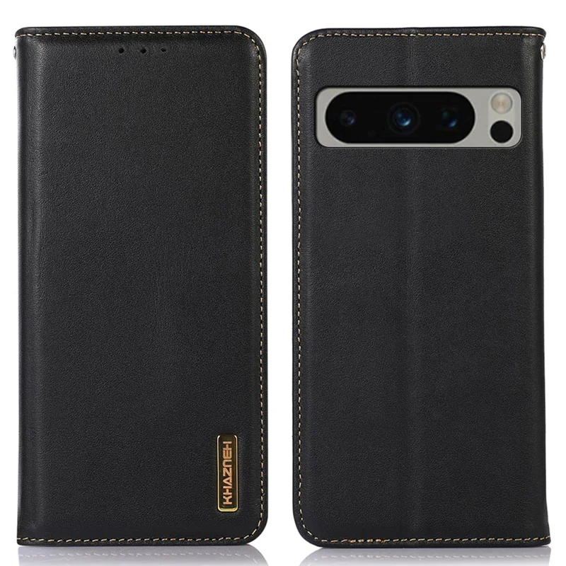 KHAZNEH For Google Pixel 8 Pro Anti-fall Phone Cover RFID Blocking Genuine Cowhide Leather Stand Wallet Case - Black