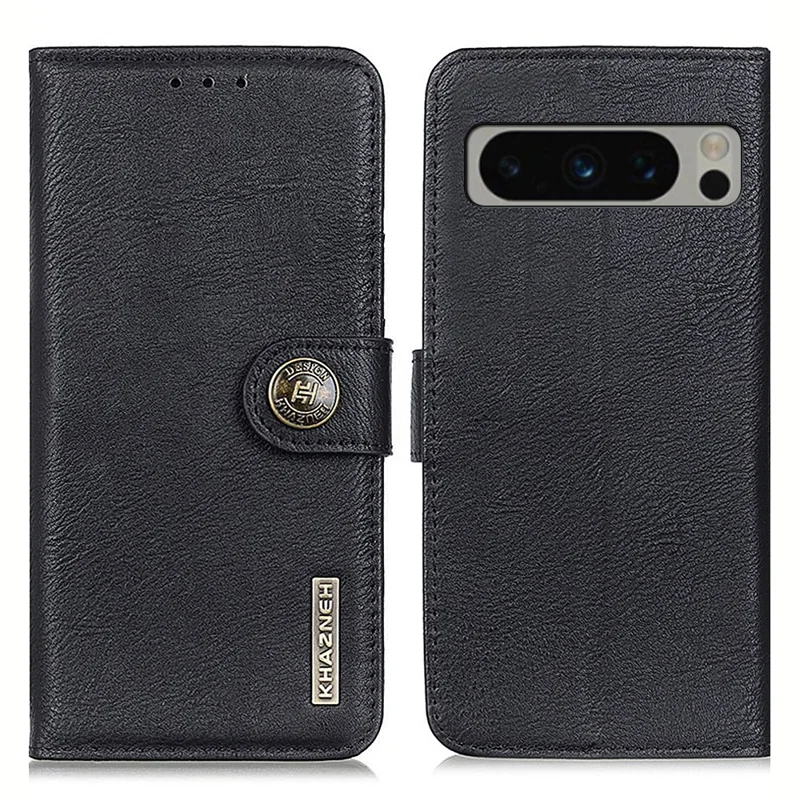 KHAZNEH para Google Pixel 8 Pro Carteira Stand Leather Phone Case Cowhide Texture Phone Cover - Preto
