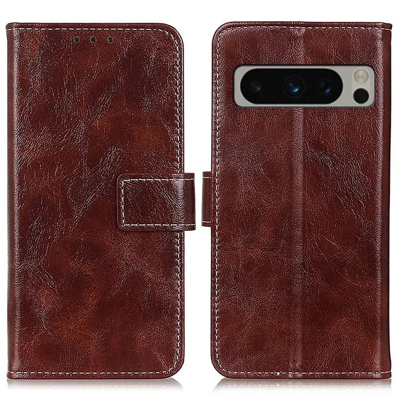 PU Leather Stand Case for Google Pixel 8 Pro , Retro Crazy Horse Texture Wallet Protective Cover - Brown