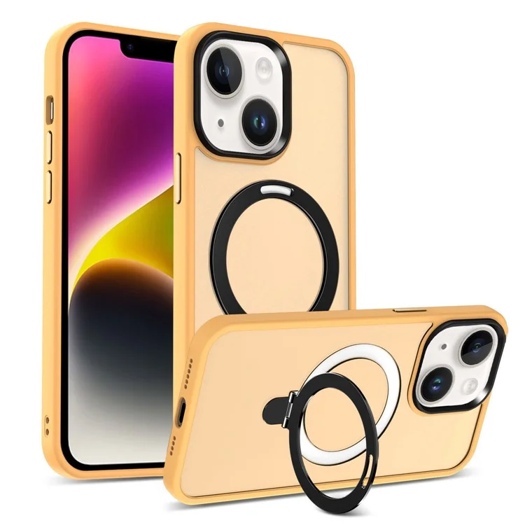 Pour iPhone 13 / 14 6.1 pouces Compatible avec la coque de protection de téléphone MagSafe PC+TPU Ring Kickstand - Orange
