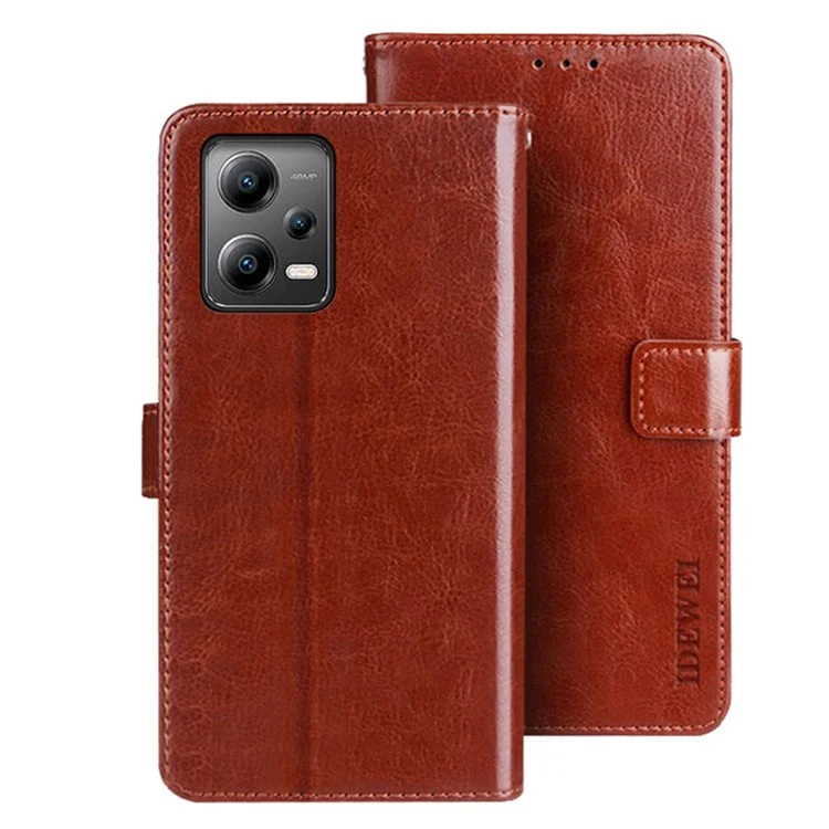 IDEWEI For Xiaomi Redmi Note 12 5G (China) / (India) / (Global) / Poco X5 5G PU Leather Phone Case Wallet Phone Stand Cover - Brown