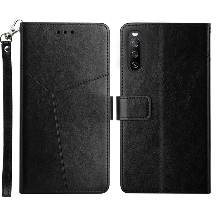 HT01 For Sony Xperia 10 V TPU+PU Leather Phone Case Imprinted Y-shaped Line Flip Stand Wallet Cover - Black