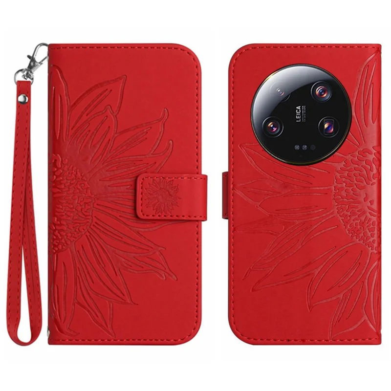 HT04 For Xiaomi 13 Ultra Anti-Dust Sunflower Pattern Wallet Cover PU Leather Stand Phone Case with Hand Strap - Red