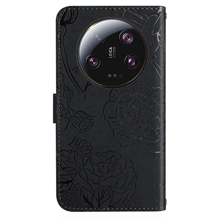 HT03 Handyhülle für Xiaomi 13 Ultra PU-Leder Ständer Geldbörse Schmetterlinge Blumen Geprägt Klapphülle mit Riemen - Schwarz