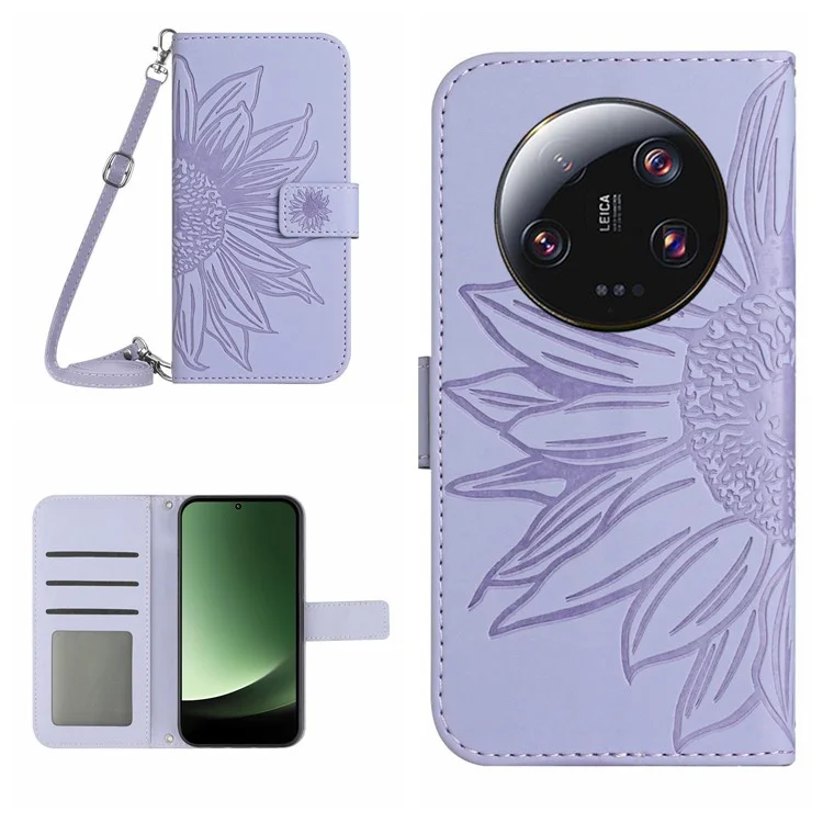 HT04 Per Xiaomi 13 Ultra Stand Phone Case Wallet Sunflower Pattern Skin-touch Leather Cover with Shoulder Strap - Light Purple