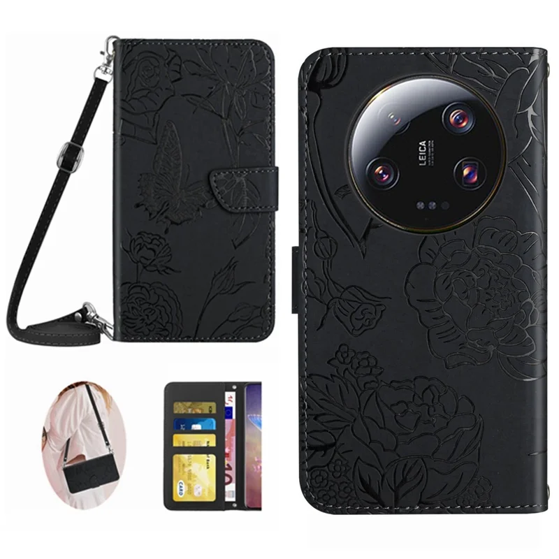 HT03 Phone Case for Xiaomi 13 Ultra PU Leather Butterfly Flowers Imprinted Stand Wallet Cover with Shoulder Strap - Black