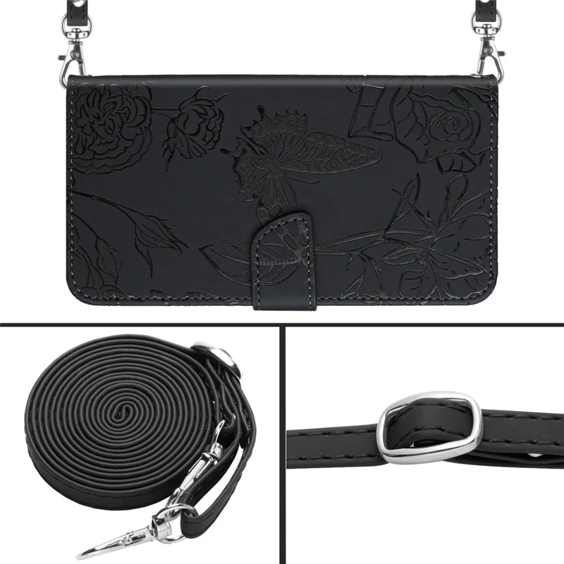 HT03 Phone Case for Xiaomi 13 Ultra PU Leather Butterfly Flowers Imprinted Stand Wallet Cover with Shoulder Strap - Black