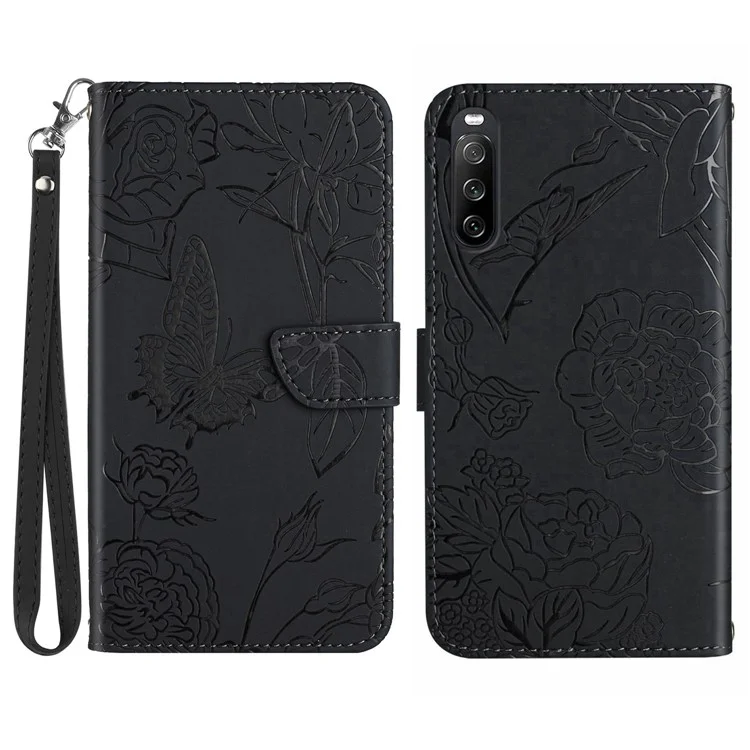 HT03 PU Leather Flip Phone Case for Sony Xperia 10 V Stand Wallet Butterfly Flowers Imprinted Cover with Strap - Black