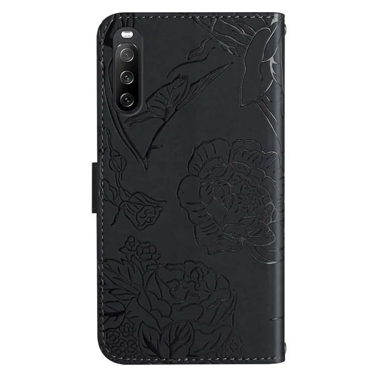 HT03 PU Leather Flip Phone Case for Sony Xperia 10 V Stand Wallet Butterfly Flowers Imprinted Cover with Strap - Black