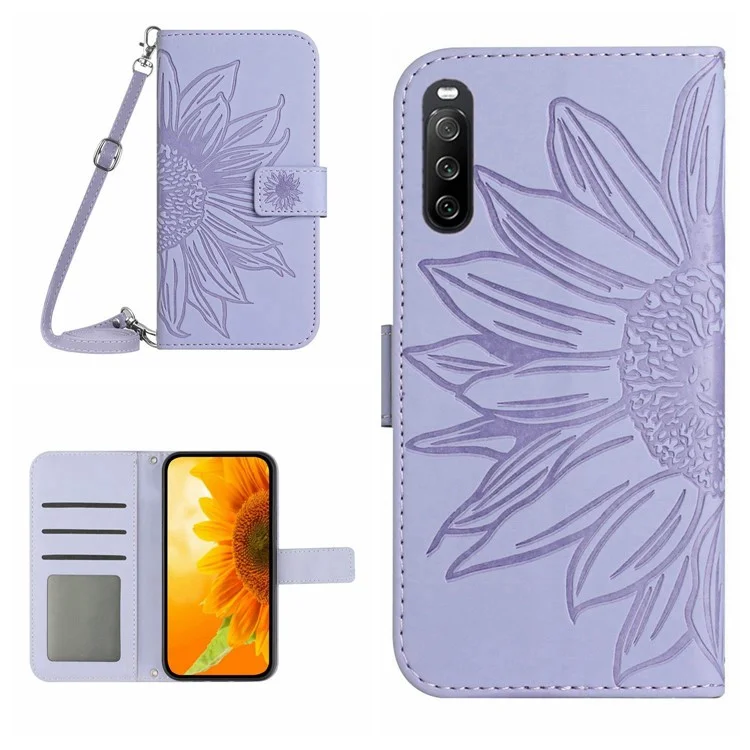 HT04 PU Leather Case for Sony Xperia 10 V , Sunflower Pattern Wallet Stand Phone Cover with Shoulder Strap - Light Purple