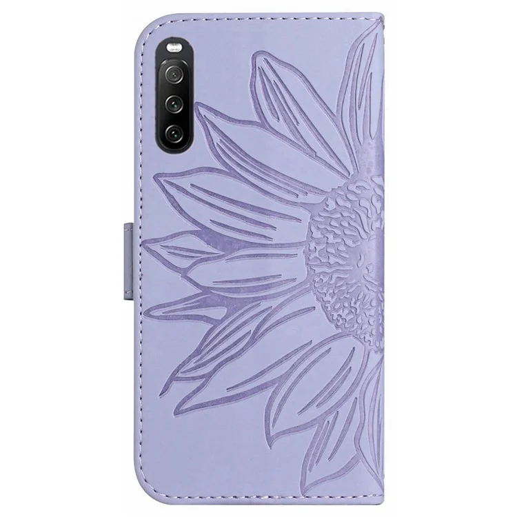 HT04 PU Leather Case for Sony Xperia 10 V , Sunflower Pattern Wallet Stand Phone Cover with Shoulder Strap - Light Purple