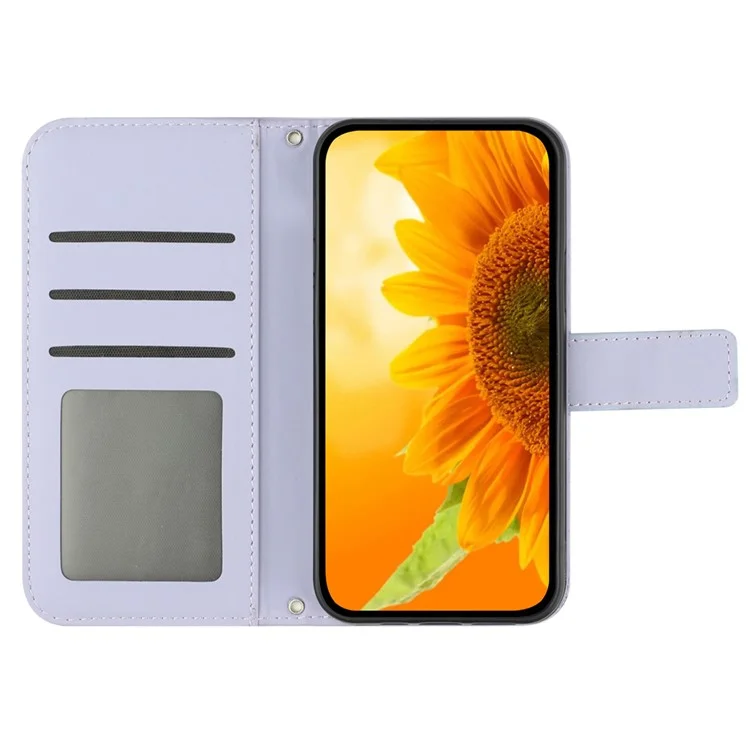 HT04 PU Leather Case for Sony Xperia 10 V , Sunflower Pattern Wallet Stand Phone Cover with Shoulder Strap - Light Purple