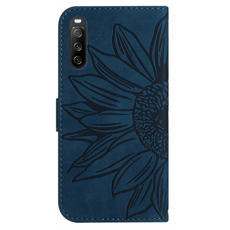 HT04 для Sony Xperia 10 V Sunflower Imprinted Phone Cover Leather Stand Wallet Case с ручным ремешком - темно-синий