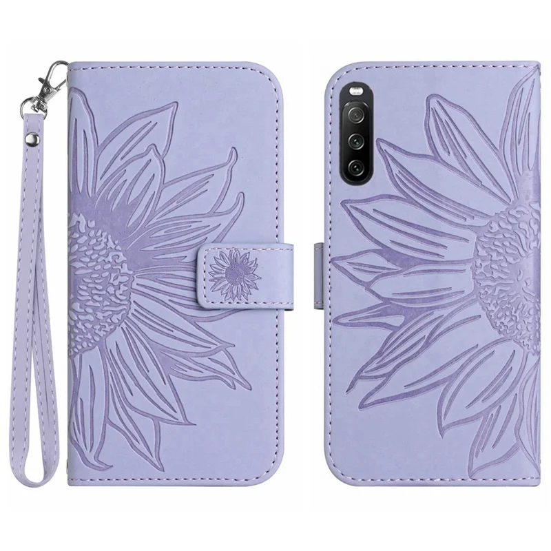 HT04 For Sony Xperia 10 V Sunflower Imprinted Phone Cover Leather Stand Wallet Case with Hand Strap - Light Purple