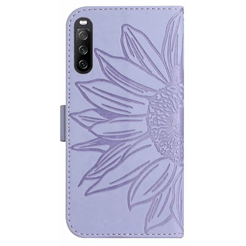 HT04 For Sony Xperia 10 V Sunflower Imprinted Phone Cover Leather Stand Wallet Case with Hand Strap - Light Purple