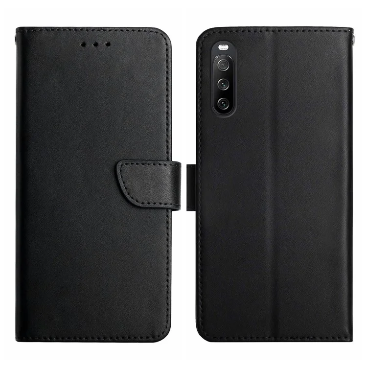 HT02 For Sony Xperia 10 V Nappa Texture Genuine Cow Leather Phone Case Stand Wallet Flip Phone Cover - Black
