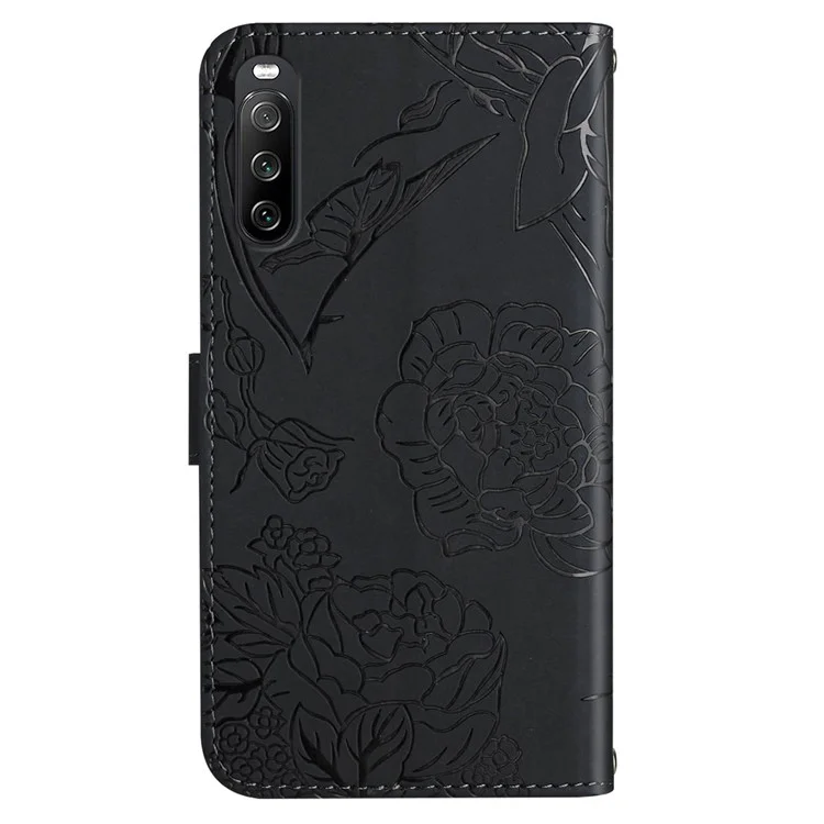 HT03 для Sony Xperia 10 V Кожаный чехол с тактильным покрытием, подставка-бумажник с плечевым ремнем - Черный