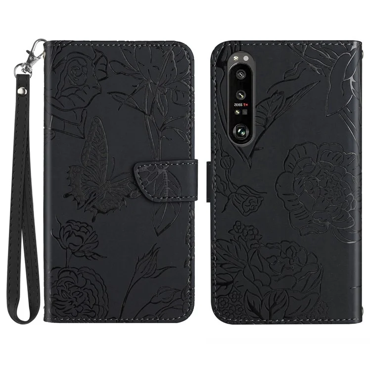 HT03 Para Sony Xperia 1 V Skin-touch PU Leather Flip Phone Case Stand Wallet Imprinted Pattern Shell with Strap - Preto