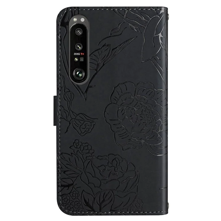 HT03 Para Sony Xperia 1 V Skin-touch PU Leather Flip Phone Case Stand Wallet Imprinted Pattern Shell with Strap - Preto