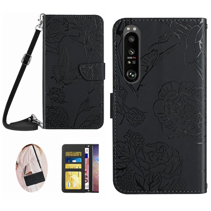 HT03 Phone Case for Sony Xperia 1 V Stand Wallet PU Leather Butterfly Flowers Imprinted Cover with Shoulder Strap - Black