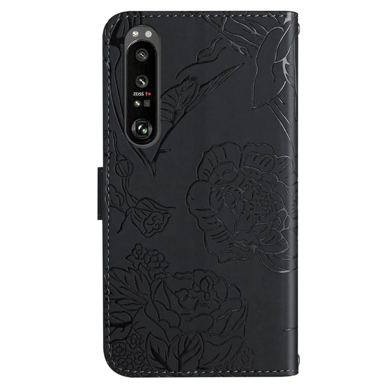 HT03 Phone Case for Sony Xperia 1 V Stand Wallet PU Leather Butterfly Flowers Imprinted Cover with Shoulder Strap - Black