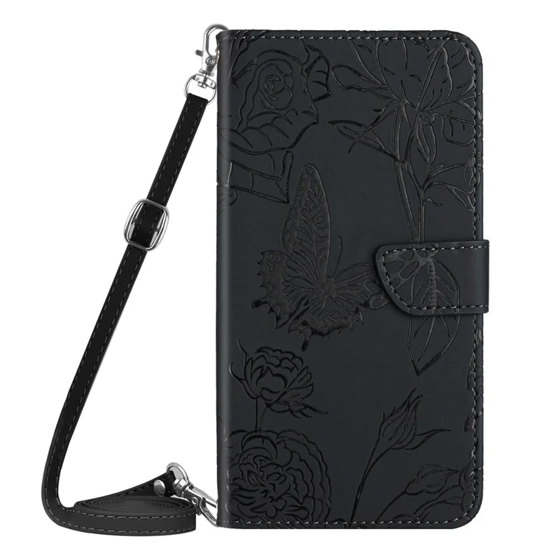 HT03 Phone Case for Sony Xperia 1 V Stand Wallet PU Leather Butterfly Flowers Imprinted Cover with Shoulder Strap - Black