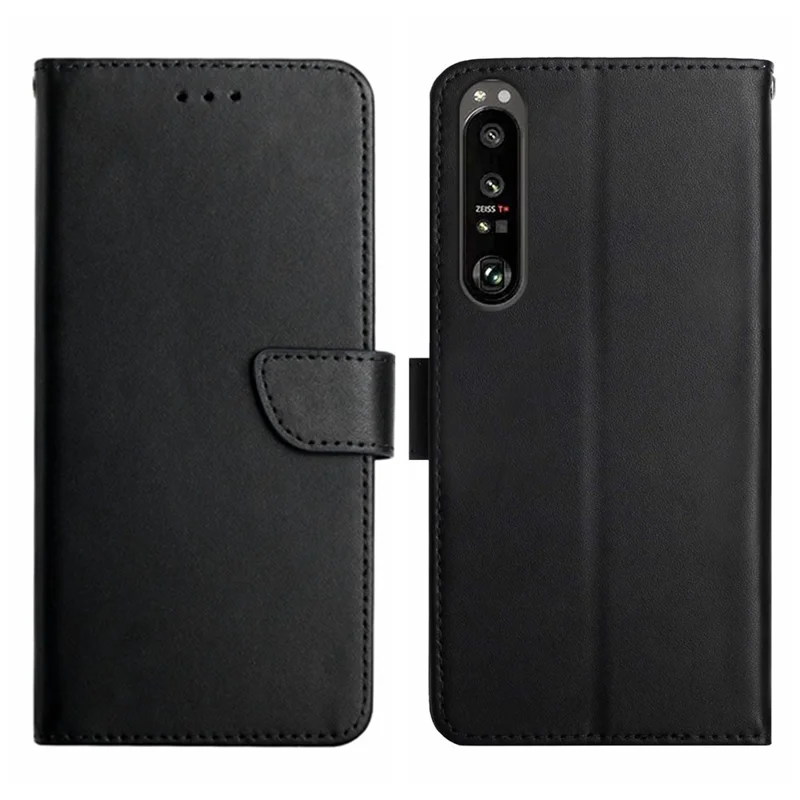 HT02 Pour Sony Xperia 1 V Nappa Texture Phone Case Stand Wallet Genuine Cow Leather Flip Phone Cover - Noir