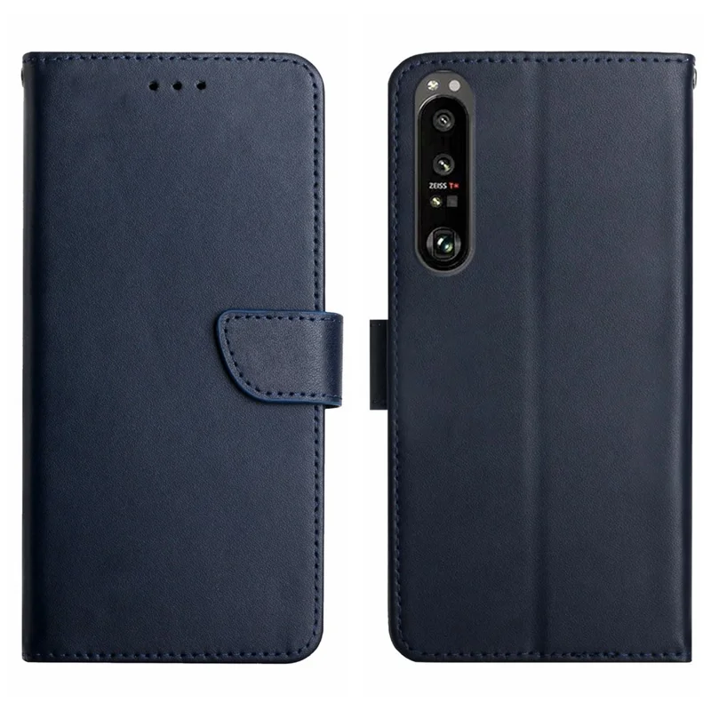 HT02 For Sony Xperia 1 V Nappa Texture Phone Case Stand Wallet Genuine Cow Leather Flip Phone Cover - Blue