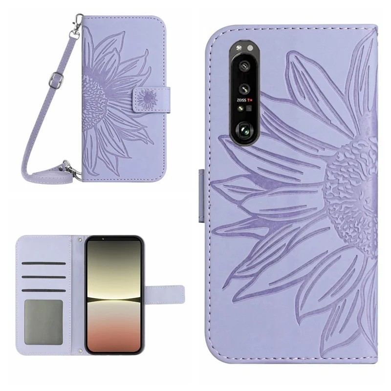 HT04 Para Sony Xperia 1 V Funda de Teléfono con Patrón de Girasol de Cuero PU Cartera con Soporte y Correa de Hombro - Morado Claro