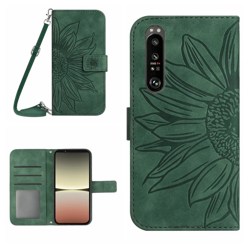 HT04 For Sony Xperia 1 V Sunflower Pattern Phone Case PU Leather Stand Wallet Cover with Shoulder Strap - Dark Green