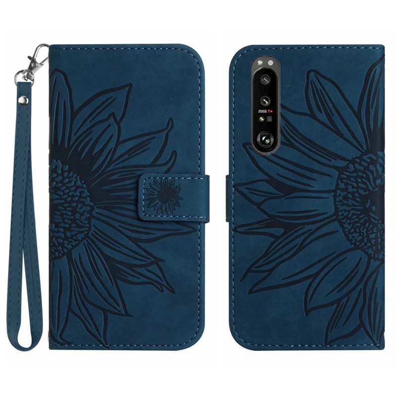 HT04 para Sony Xperia 1 V Funda de teléfono de cuero PU con soporte Patrón de girasol Estuche tipo billetera con correa de mano - Azul oscuro